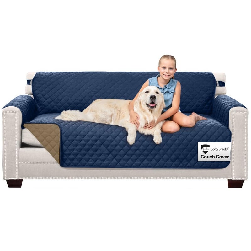 Sofa Shield Couch Slip Cover with Patented Strap, Cushion Protector, US Designed Reversible Stain and Dog Tear Resistant Slipcover, 70 inch Seat, Washable Covers for Dogs Pets, Navy Sand - Image 1